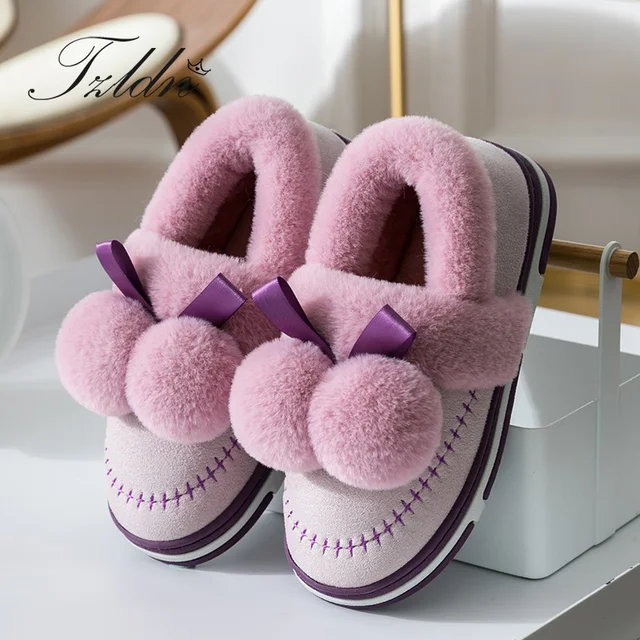 TZLDN Winter Suede Upper Fur Plush Warm Slippers Indoor Women's Shoes Shoes