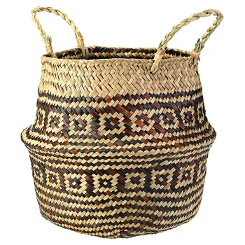 

Handmade Wicker Basket Bamboo Seagrass Flower Pot Storage Baskets Foldable Straw Patchwork Rattan Seagrass Belly Garden Decor