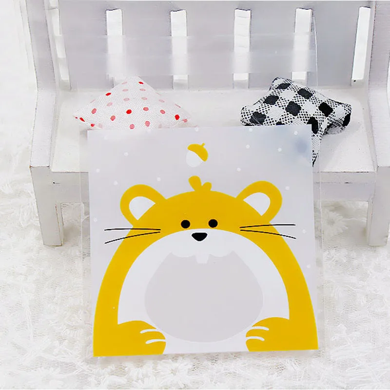 50pcs 7*7cm Cute Cartoon Animals Candy Bags Self-Adhesive Plastic Gift Bag for Wedding Birthday Party Biscuits Baking Packaging