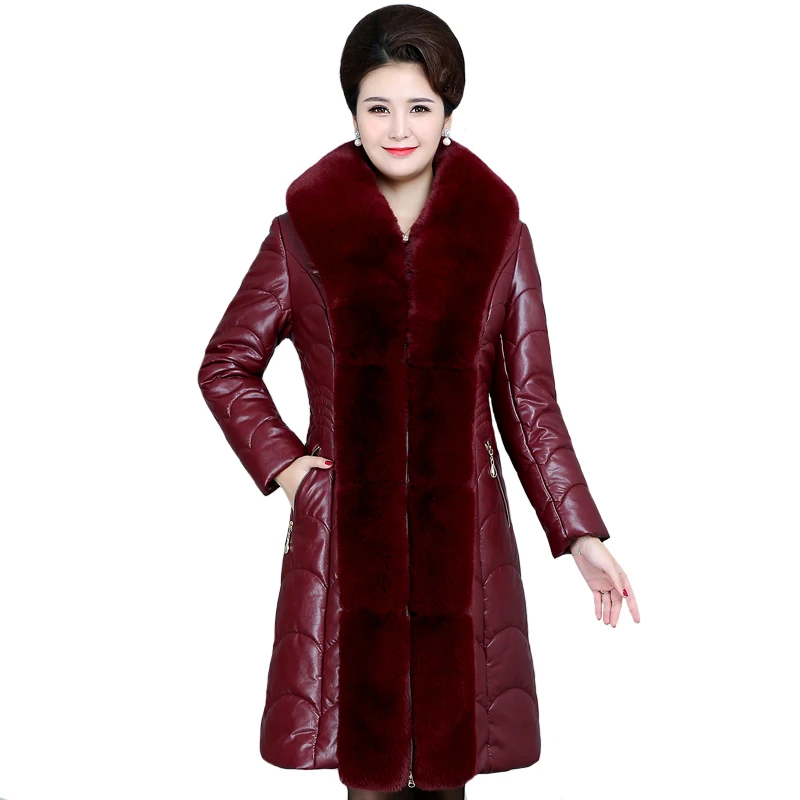 

Oversized Fur Collar Winter Women Sheepskin Leather Jacket Plus Size Hooded Long Coats Winter Down Jacket Mother Female Parkas