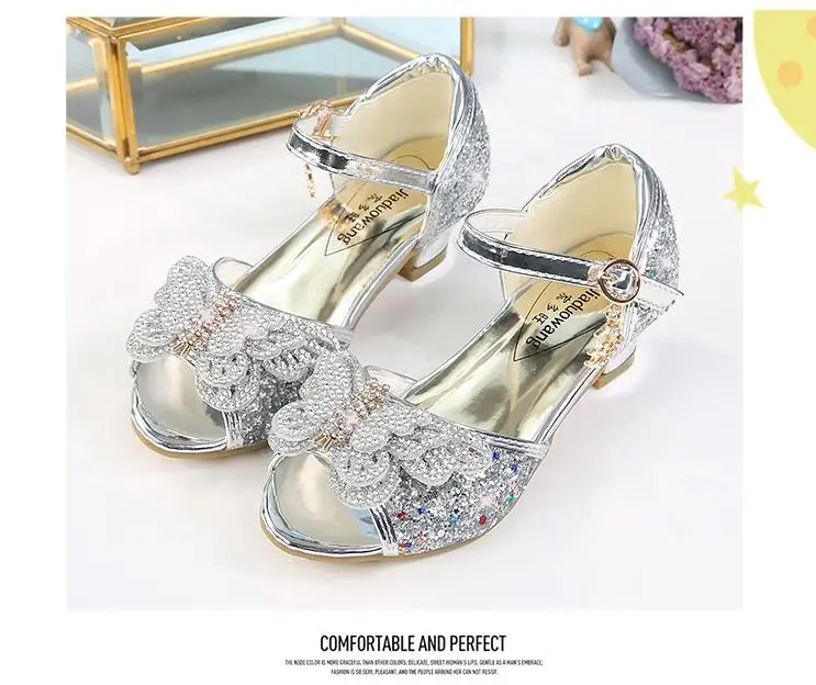 Детская блестящая обувь с бантиком для девочек; chaussures prinsessen schoenen; блестящие босоножки с бантиком; модельные туфли на высоком каблуке