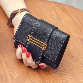 

NIGEDU Short fold Wallets Genuine Leather Women Wallet New Fashion Hasp Design Brand With Card Holder Pocket Cowhide Purse black