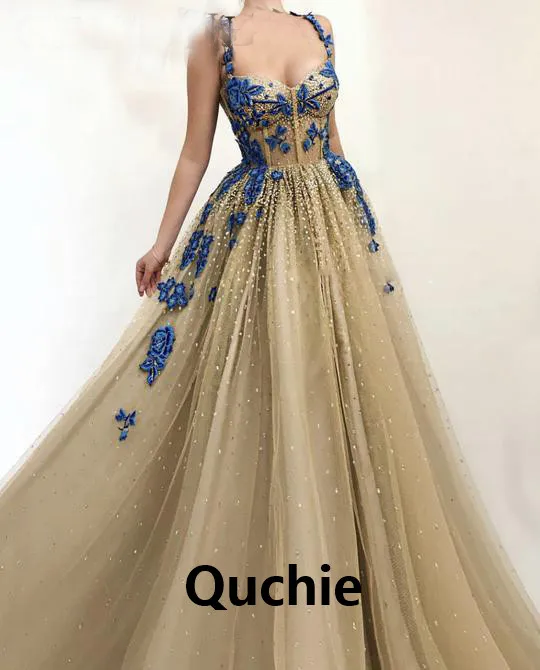 

Gold Quinceanera Dresses Noyal Blue Lace Tulle Spaghetti Straps Sequins Party Gown