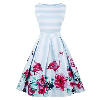 

S -4XL Mouwlless Beach Boho A -line Jurk Retro Streep Flamingo Flower Print Clothing Women Summer Short Shift Zoom Dresses