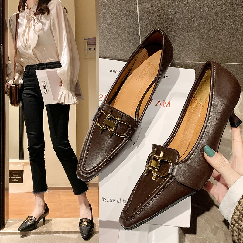 

2019 Elegant High Heels British Style Square Toe Shoes Woman Retro Metal Decor Women Fashion Shallow Mouth Party Shoes