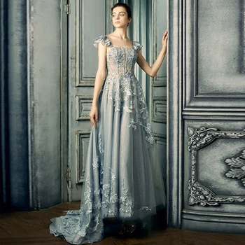 

Verngo A Line Evening Dress Spaghetti Strap Formal Dress Lace Appliques Prom Dress Grey Party Gowns Vestidos Elegantes