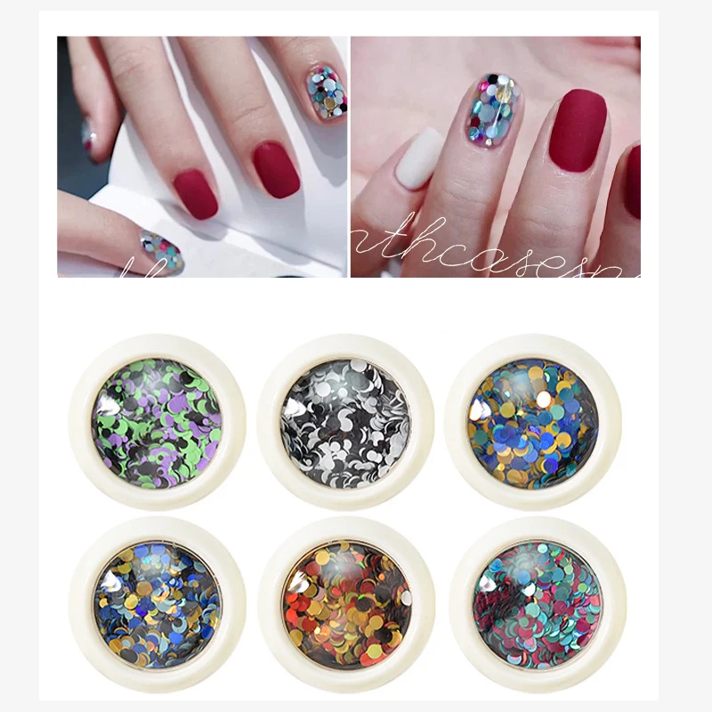 

6 Boxes/set Aurora Nail Glitter DIY Nail Art Decorations Laser Paste on Nails Nail Accessories Round Stickers For Nails