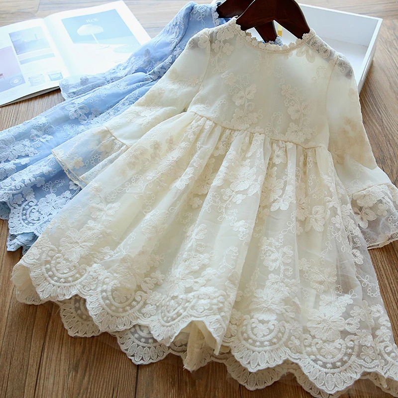 Dress Children Clothing Embroidery Casual-Wear Long-Sleeve Girl Lace Birthday-Party Wedding