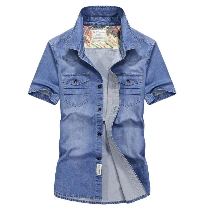 light blue Летняя рубашка мужская Повседневная джинсовая рубашка с коротким рукавом тонкие Топы синего размера плюс S-4XL - Цвет: light blue