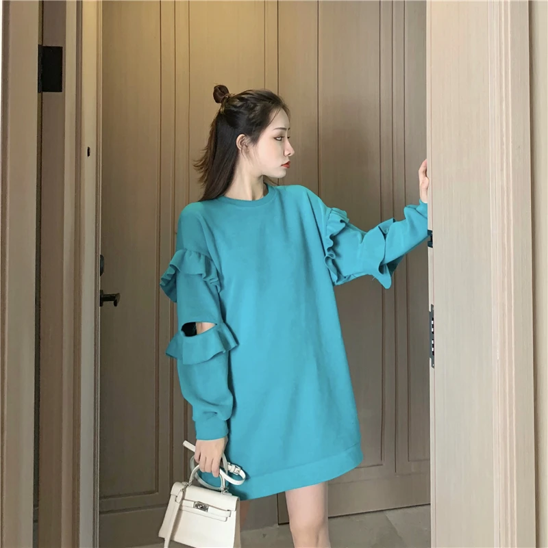 

2019 autumn and winter new Korean version of the wild loose sweatshirt women's ruffled openwork casual long sleeves