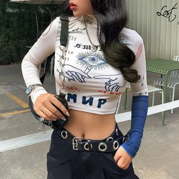 

Women Graffiti Letters Print Crop Top T Shirt Basic Long Sleeve Slim Tshirt Autumn Harajuku Tops Streetwear Skinny Tee Shirt