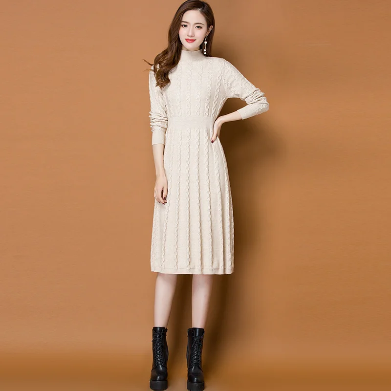 White Sweater Dress Heydress осень зима однотонное трикотажное женское рождественское платье с высоким воротом А-силуэта женские платья на шнуровке с высокой талией vestidos - Цвет: White Sweater Dress