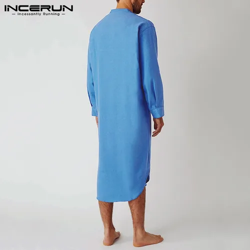 INCERUN-면소재 남성 수면 가운, 단색 긴 소매 나이트 가운, O 넥 레저 남성 목욕 가운, 편안한 홈웨어, 플러스 사이즈, 2023 4