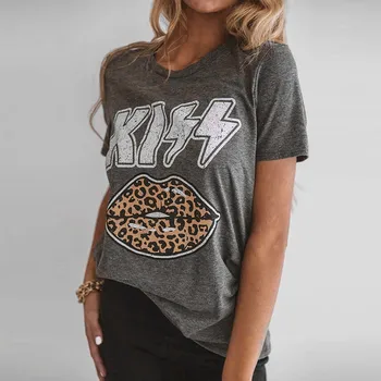 

Women T Shirt Summer Casual Short Sleeve Leopard Hot Lips Printed Round Neck Hippie Streetwear Graphic Tees Women Camiseta 2020