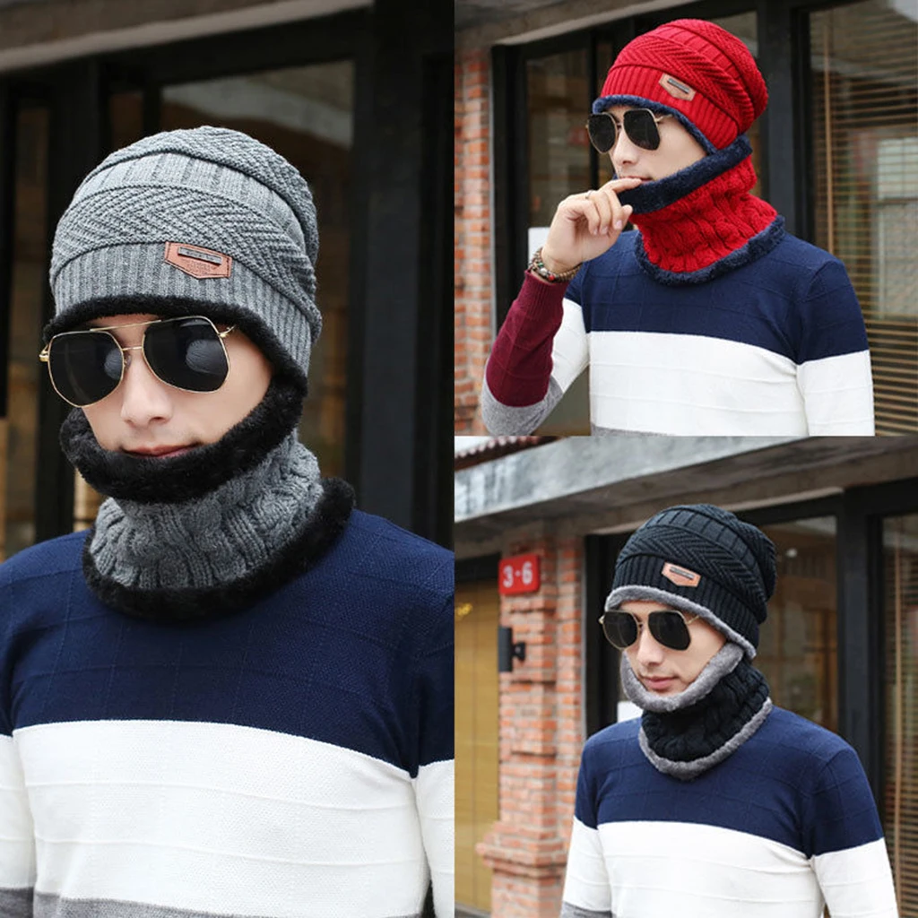 2PCS Men's Women's 2 Sided Beanie Winter Warm Knit Ski Knitted Scarf Hat Windproof Couple Hat Slouchy Hats with Pom Scarves
