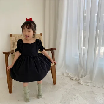 

2020 Summer Girls Dress Princess children solid color puff sleeve cotton Retro Court Short-Sleeve Dress baby kids sweet clothes