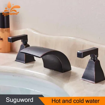 

Suguword Oil Rubbed Bronze Basin Faucet 3 Holes Bathroom Mixer Tap Hot and Cold Switch Dual Handle Ceramic Valve