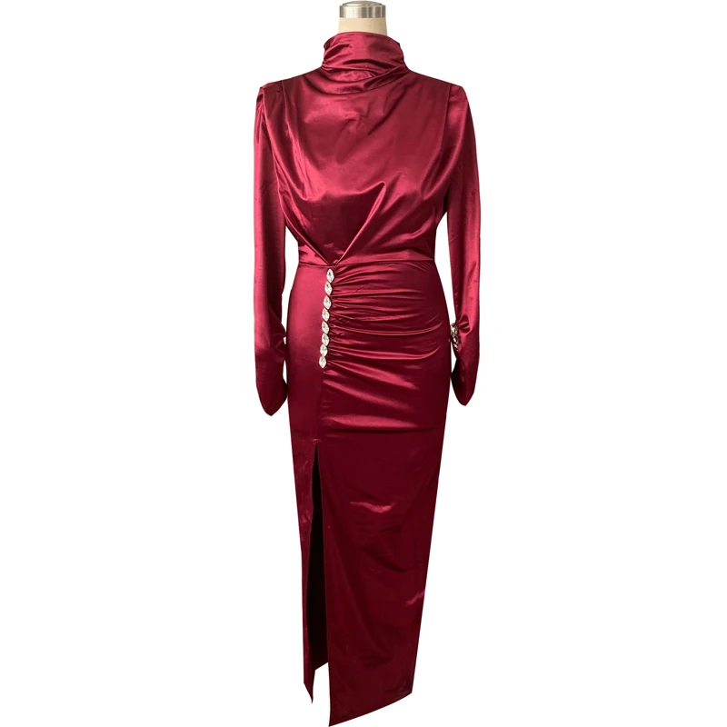 Koop Vrouwen Sexy Splits Lange Mouwen Maxi Jurk Hoge Hals Ruches Dij Slit Avondjurk Jurk Satijnen Avondjurk Party Jurken