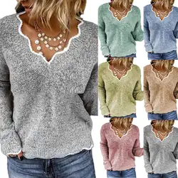 Повседневный женский сплошной цвет с длинным рукавом V шеи неровный подол тонкий пуловер свитер