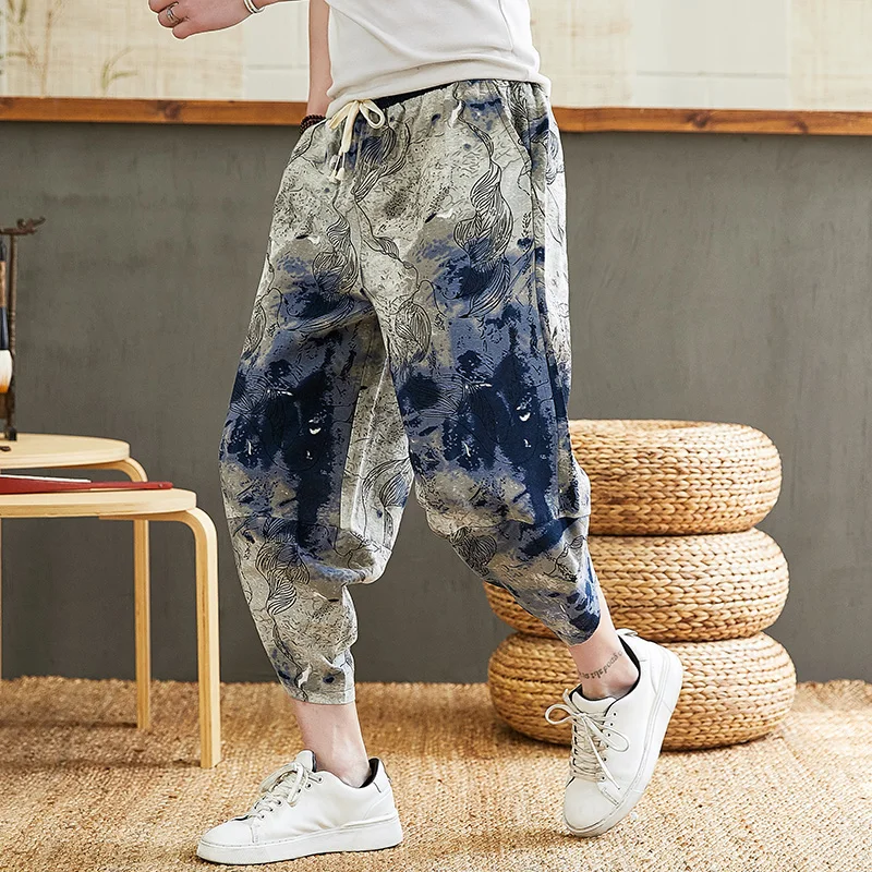 Men Harem Pants Baggy Cotton Harem Pants Men Summer Japanese Men Women Hip Hop Plus Size Wide Leg Pants Bloomers Calf-Length Joggers