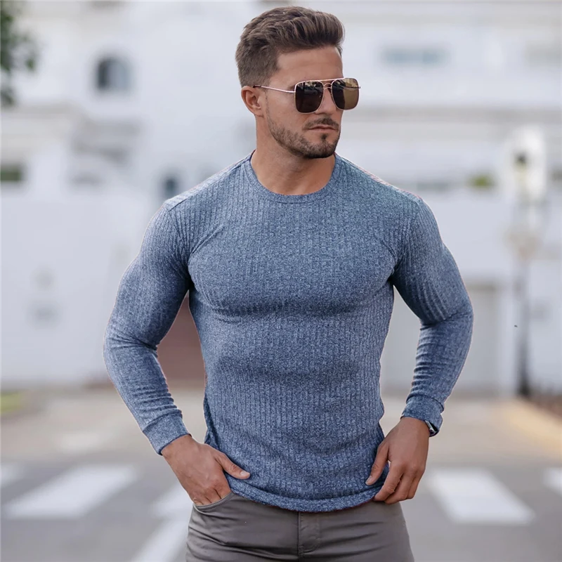 Suéteres con cuello redondo para hombre, jerseys de punto a rayas, suéter informal liso para hombre, ropa de punto ajustada para hombre