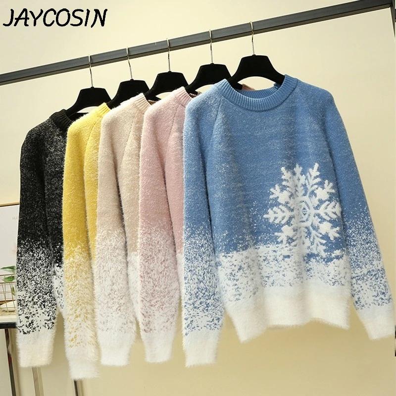 JAYCOSIN, женские свитера с круглым вырезом, с рождественским принтом снежинки, толстый вязаный свитер, пуловеры, топы, повседневные зимние свитера o10