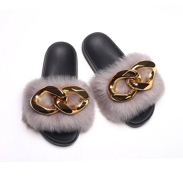 Bont Slippers Fluffy Soft Furry Slides Vrouwen Flip Flops Mode Grote Gouden  Ketting Faux Vos Wasbeer Bont Slippers Strand Zomer sandalen - AliExpress  Schoenen