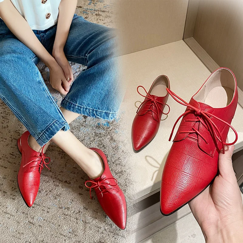 

England Lace-up Leather Shoes Women's Pointed-Toe Flat Keel Thin Shoes Women's Fashion Shallow Mouth Casual Large Size WOMEN'S S