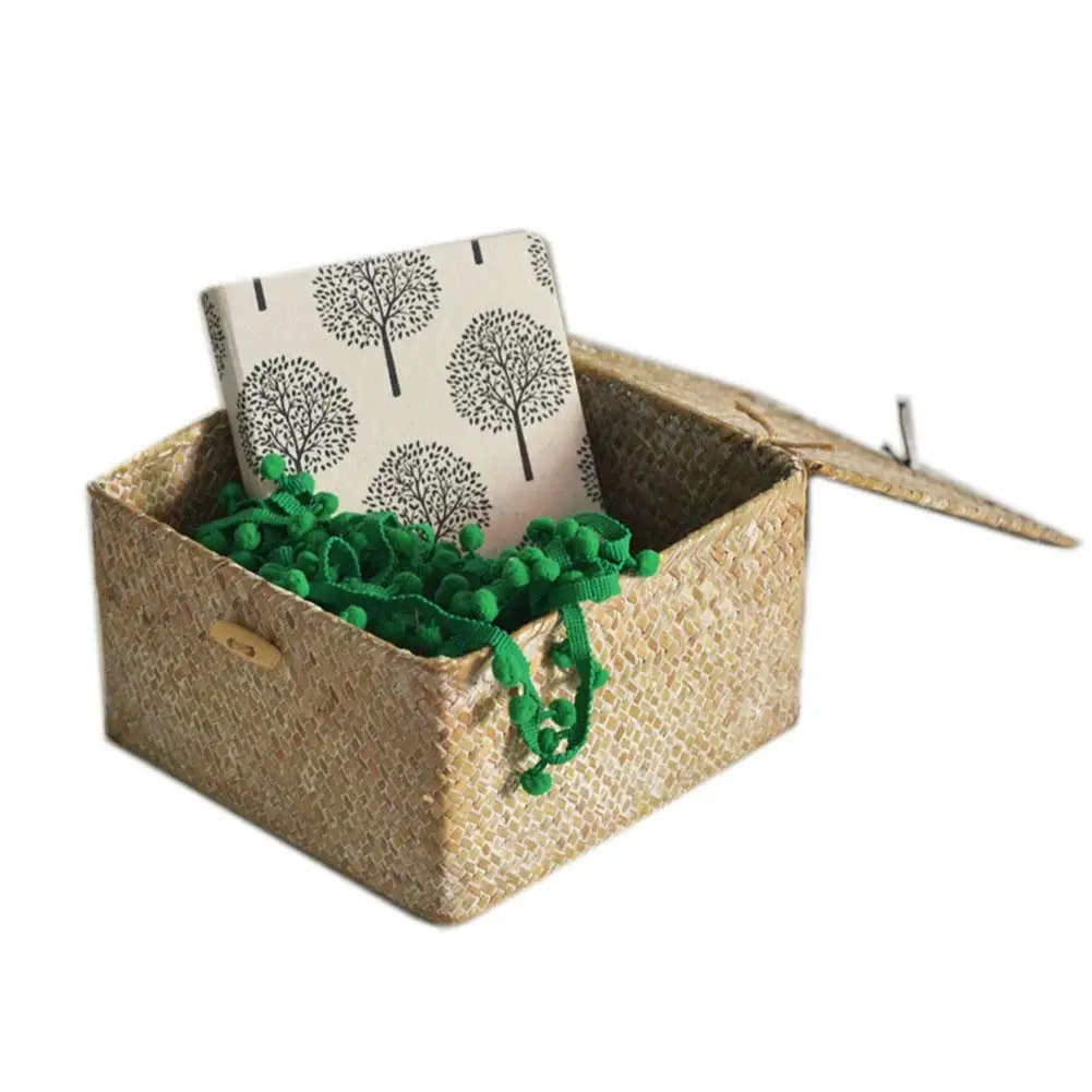 2Pcs Handmade Seaweed Woven Storage Box Dirty Clothes Flower Rattan Finishing Cosmetics Books Sundry Storage Basket with Lid