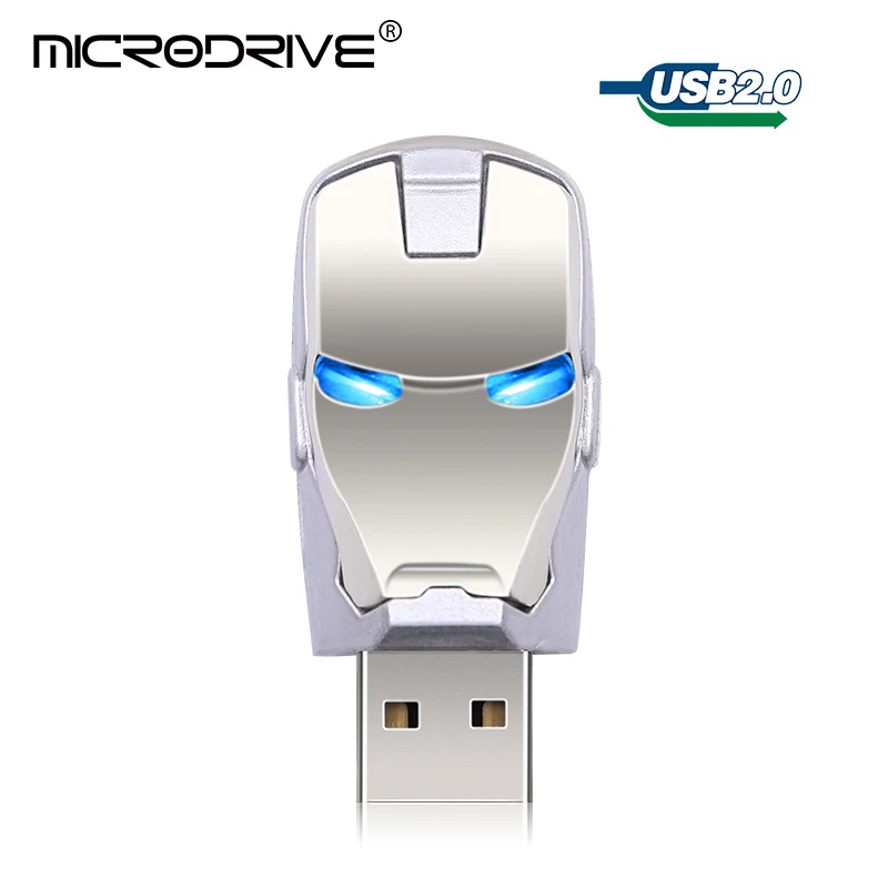 Железный человек, USB флеш-накопитель, 8 ГБ, 16 ГБ, 32 ГБ, 64 ГБ, 128 ГБ, металлический USB флеш-накопитель, светодиодный светильник, флеш-накопители, флеш-накопители, мужской подарок - Цвет: Серебристый