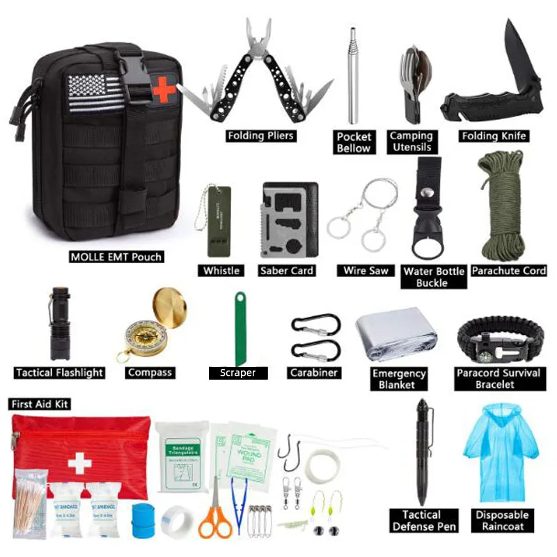 Günstige Notfall Überleben Kit 47 Pcs Überleben First Aid Kit SOS Taktische werkzeuge Taschenlampe Messer mit Molle tasche für Camping Abenteuer