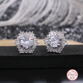 

Luxury Female Crystal Zircon 925 Sterling Silver Earrings for Women Hexagon Mosaic CZ Stud Earrings pendientes bijoux femme