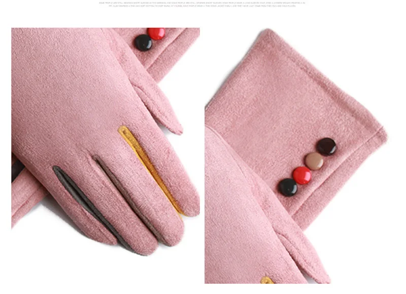 Winter Female Single Layer Warm Cashmere Full Finger Button Cycling Mittens Women Suede Leather Touch Screen Driving Gloves J23