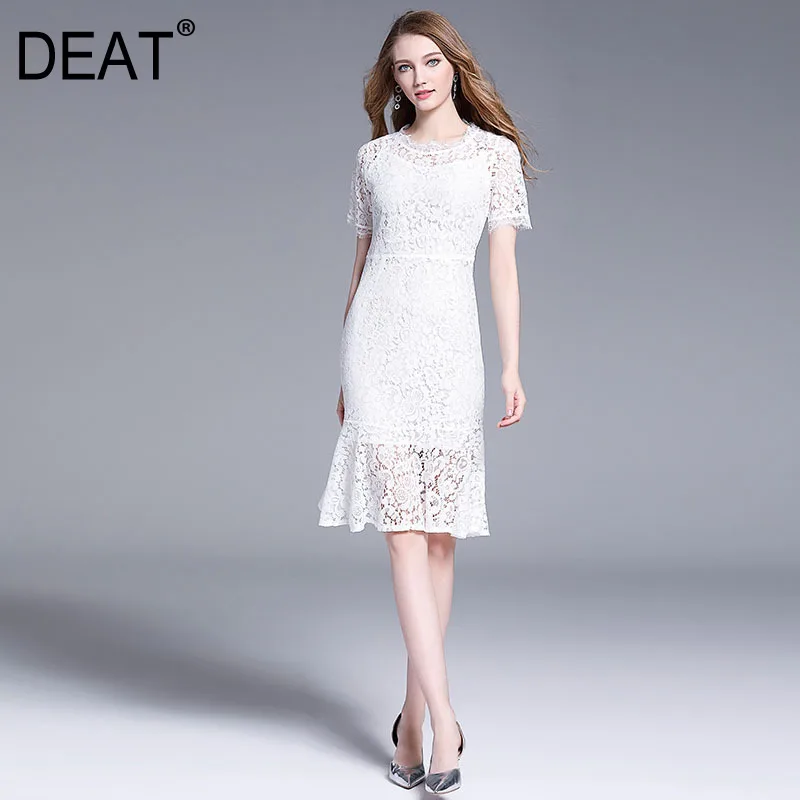 

[DEAT] 2019 Summer New Patter Sweet Style Short Sleeve Solid Color Lace Floral Hollow Print Temperament O Collar Dress AI119
