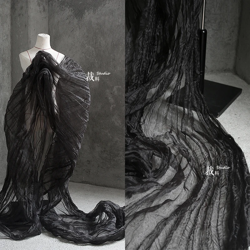Seaweed черная органза плиссированная гофрированная 3d перспективная сетка креативная дизайнерская ткань, одежда Лоскутная Ткань для платья