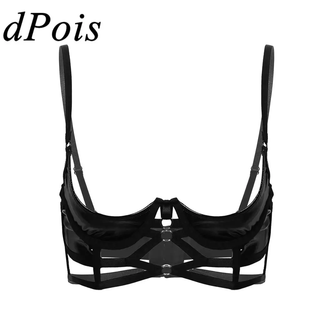 Womens Wet Look Patent Leather Underwired Bra Lingerie Spaghetti Shoulder Straps Quarter Cup Strappy Sexy Tops Braltte | Женская одежда