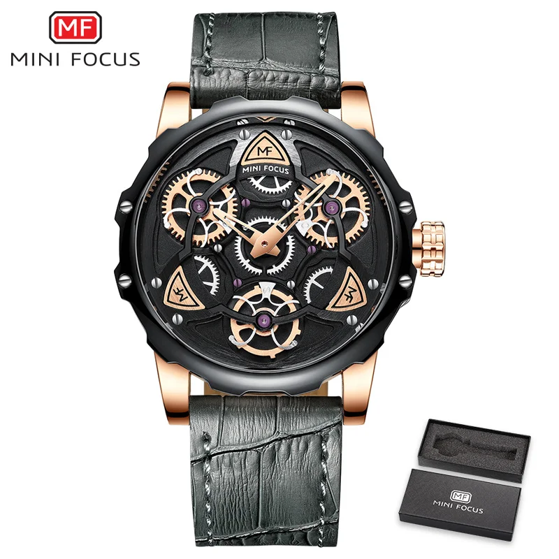 Gray MINIFOCUS новые модные мужские часы с ремешком из натуральной кожи, мужские кварцевые часы с хронографом, мужские часы - Цвет: Gray
