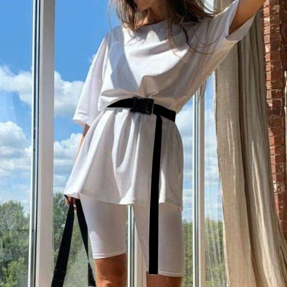 2020 Women Two Piece Set O Neck Loose Short Sleeve Tee Shirt with Belt And Biker Shorts Gym Sets Casual Summer Tracksuit Outfit