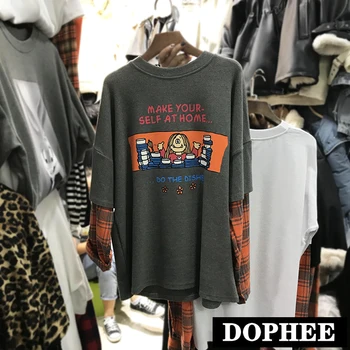 

Splicing Long Sleeve T-shirt Women's Loose Tops 2020 Korean Spring Letter Cartoon Pattern Ins Fashion Shirts Chic Pullover Tees