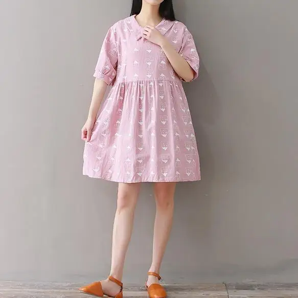 

2019 Japanese Summer Women Cute Mini Dress Anime Casual Loose Student's Dress Cotton Linen Kawaii Pink Blue Sweet Dress AE752