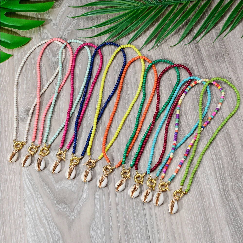 

Bohemian Natural Stone Shell Pendant Necklace Handmade Seed Beads Choker Necklace for Women Girls Ethnic Holiday Collier Jewelry