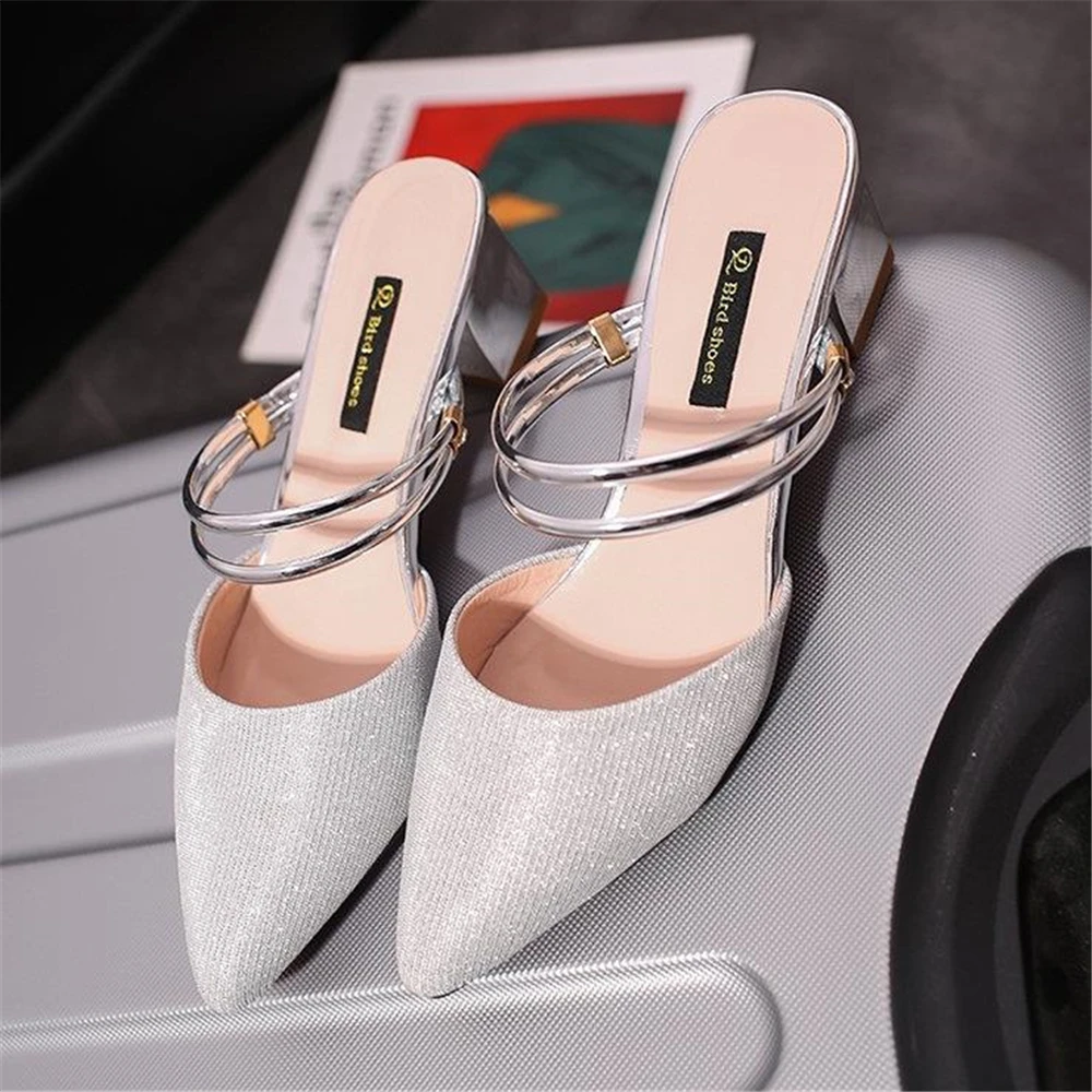 

Europe and United States 2019 new Korean version sandals thick with fashion silver sequins high heel sandals women's shoes