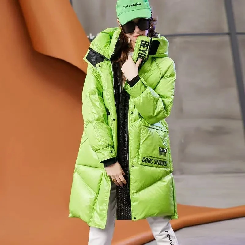 

Glossy White Duck Down Down Jacket Women's Mid-length Parkas Coat 2023 New Windproof Outwear Fashion Long Loose Down Jacket