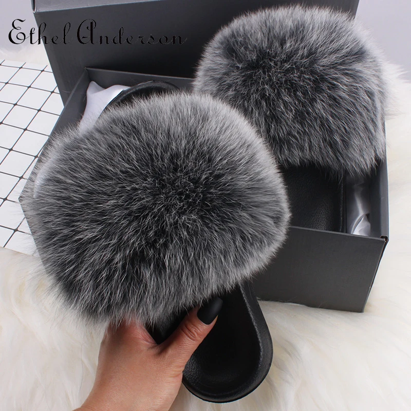 Valpeak Real Fur Slides Slippers For Women - Open Toe, Fluffy Fox Fur, EVA Sole