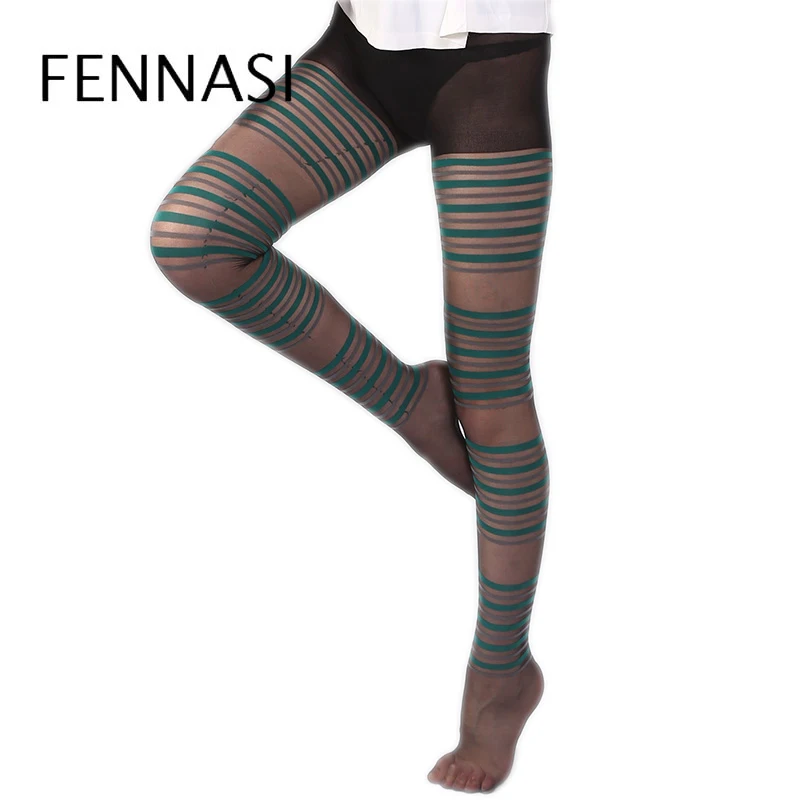 Женские колготки в полоску FENNASI зеленые и серые с принтом сексуальные высокой
