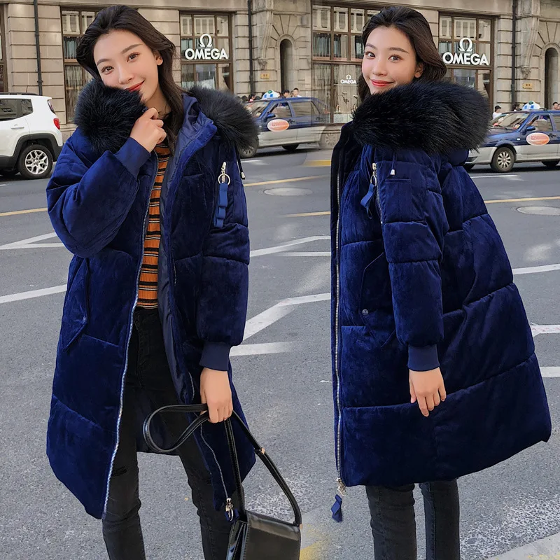 

2019 Autumn And Winter Mid-length over-the-Knee Gold Velvet Slim Fit down Cotton Long-sleeved Coat Women Coat Large Size Cotton