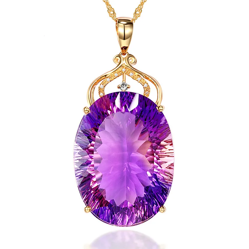 Шарм 18k позолоченный 36CT аметист цвет Овальный кристалл кулон ожерелье Свадебная вечеринка ювелирные изделия для женщин