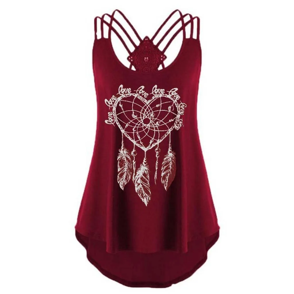 Fashion Love Print Tank Tops Women Lace Tops Strappy tshirt Tunic Tops Casual Summer Ladies Sexy Camis Tops Vest Female Blouse