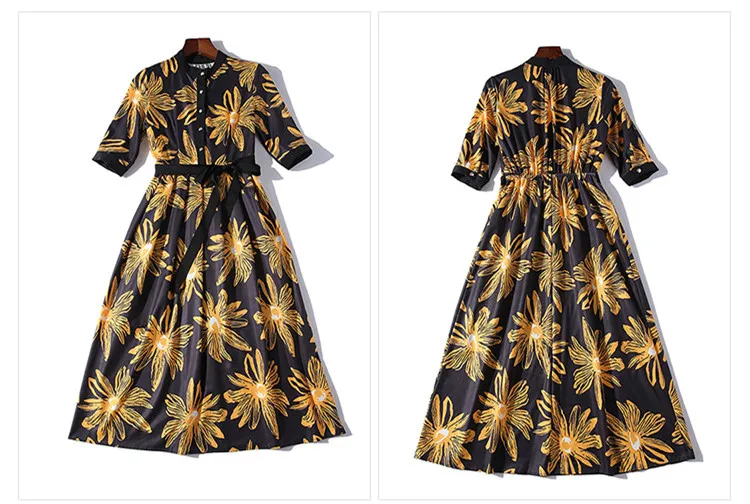 Осень runways Половина рукава плиссированное платье шикарный цветочный принт женское элегантное платье модное OL платье A629 - Цвет: As Picture
