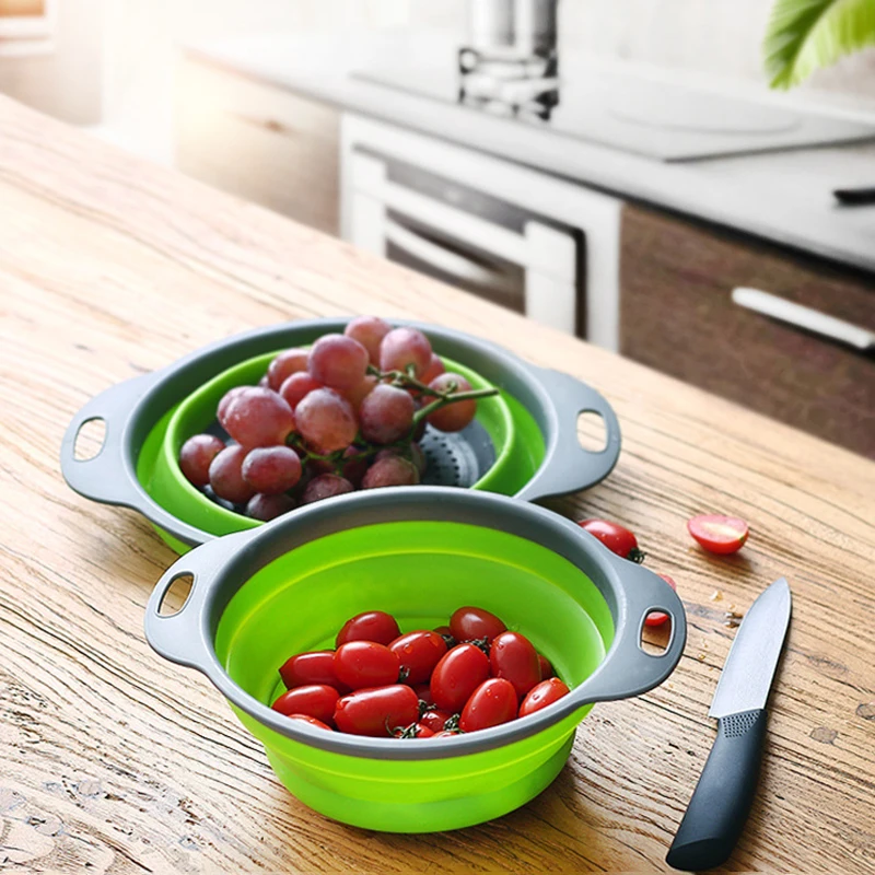 

2 Pcs/Set Foldable Food Drain Basket Vegetable Fruit Storage Box Plastic Handled Containers Refrigerator Kitchen Home Organizer